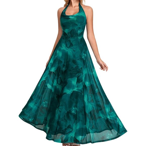 Dresses & Skirts - Women's Green Floral Summer Cowl Neck Flowy A Line Elegant Beach Long Maxi